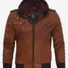 Mens Brown Leather Bomber Jacket With Removable Hood