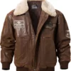 Men's Leather Bomber Jacket Aviator with Removable Collar