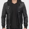 edinburgh Mens Black Bomber Leather Jacket with removable hood