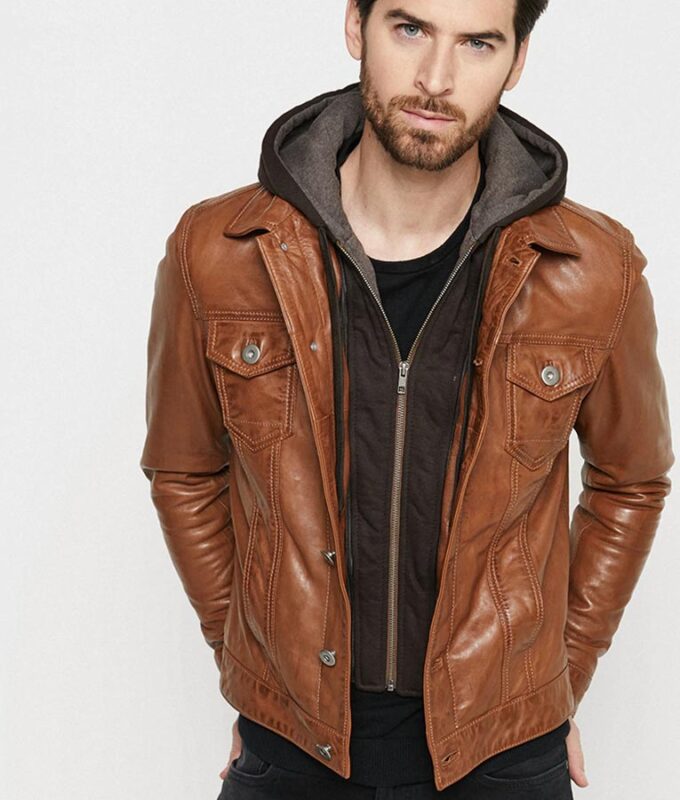 Brown Leather jacket with hood