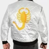 Ryan Gosling Drive Move White Satin Varsity Bomber Jacket with Golden Scorpion Embroidered Logo