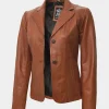 Womens Brown Leather Blazer Jacket