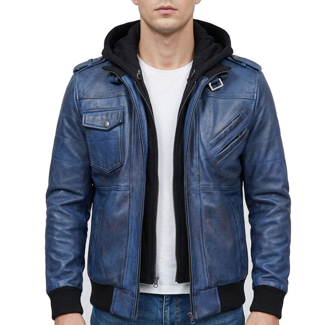 Blue leather Hooded Jacket men