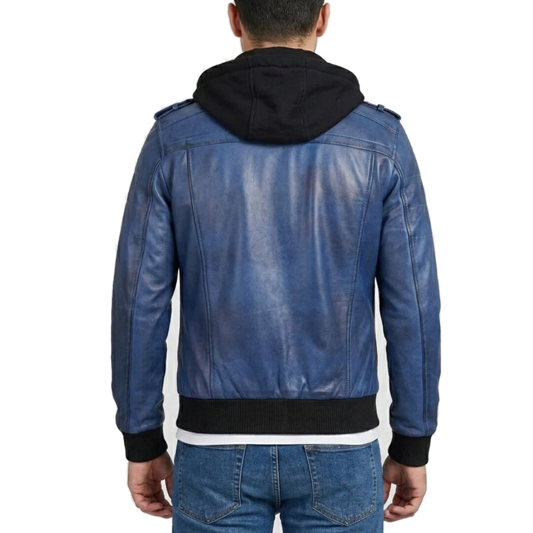 blue leather hooded coat jacket